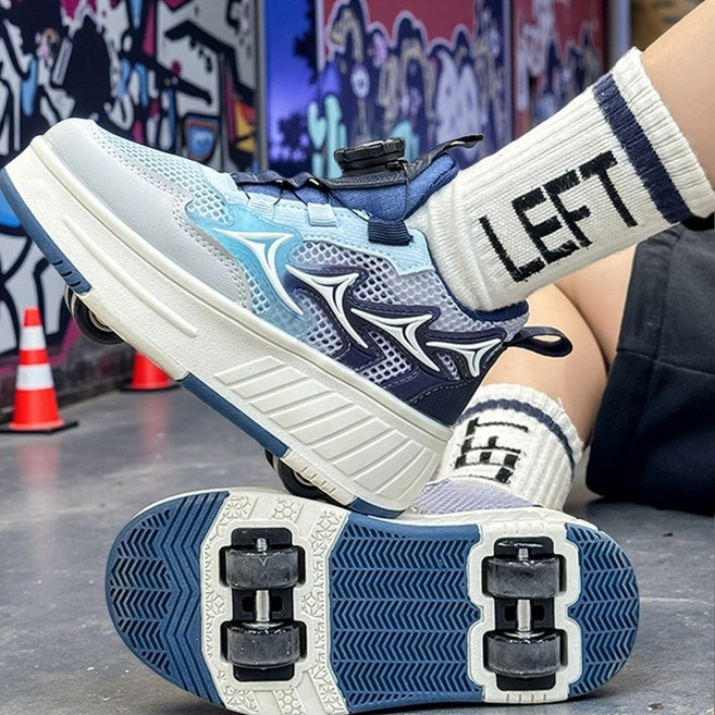 남녀공용 더블 휠 변형 탈착식 롤러슈즈 인라인 스케이트 운동화 간편한 성인 롤러스케이트, 1개, 푸른색