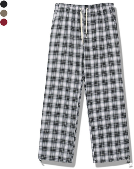 오마보이 남성용 타탄체크 와이드핏 스트링 밴딩팬츠