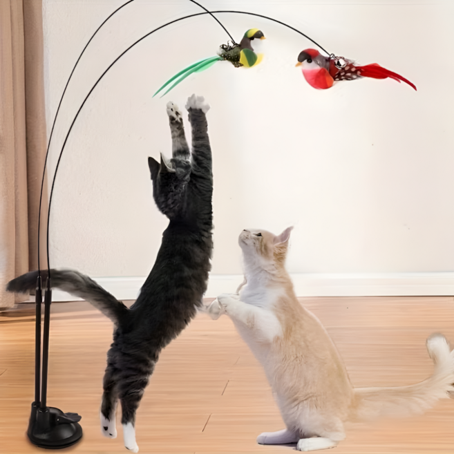 캐럿몰 2in1 튼튼한 고양이 장난감 진짜같은 새 낚시대, 레드 그린, 1세트