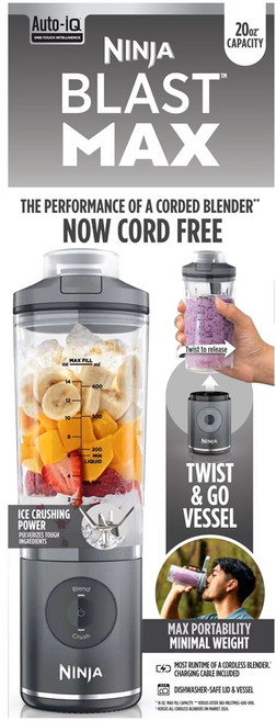 닌자 블라스트 맥스 휴대용 블렌더+트위스트 앤 고 무선 590ml 용기 셰이크 및 스무디용 BC200 (미국정품), BC200-Gray