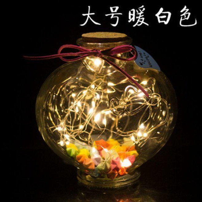 許願瓶 發光許願瓶 LED燈麻繩幸運星玻璃木塞瓶創意擺件瓶花鼓星星罐子, 大號愛心瓶暖白燈