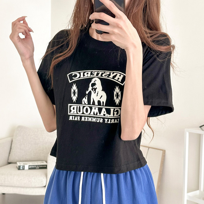 더매드문 여성용 통기성 히스테릭 세미크롭 반팔 티셔츠