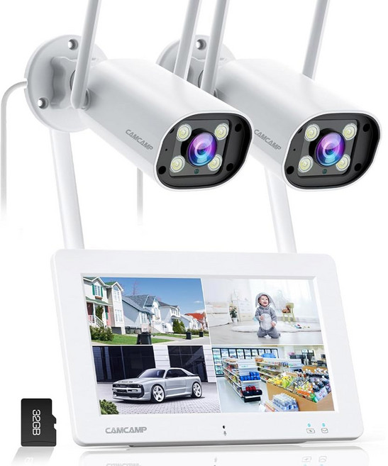 캠캠프 무선 보안 카메라 터치스크린 2PCS 7인치 보안 SD 카메라 시스템 모션 감지 모니터 및 비전 유선 플러그인 포함 전원 오디오 나이트 2K 32GB 실외 양방향, SC27
