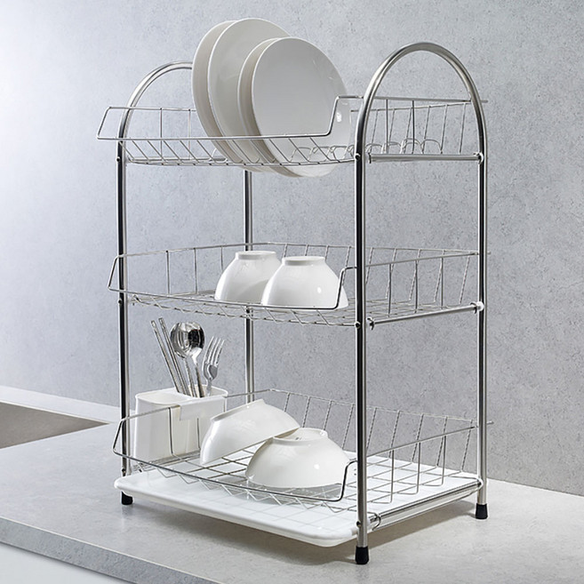 4BNK 스텐 3단 식기건조대, 실버 + 화이트