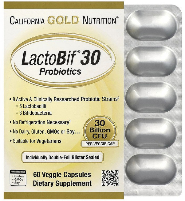 캘리포니아 골드 뉴트리션 LactoBif 30 프로바이오틱스 300억CFU 60베지캡슐 락토바실러스 람노서스 비피도박테리움 락티스 함유, 1개, 60정
