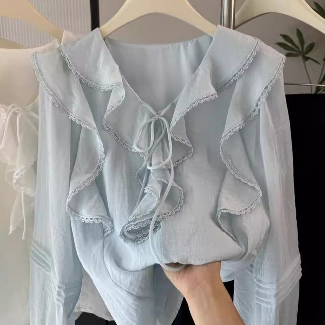 해피유통여성 봄철 물빛 레이스 프릴 긴팔 셔츠 러블리한 루즈핏 디자인 XG19