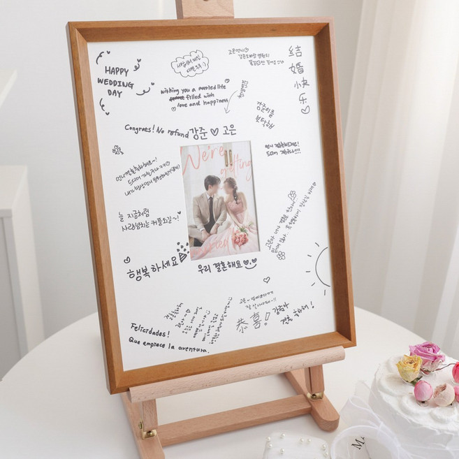 엘블랑꼬 웨딩 방명록 우드 액자 16인치 게스트보드 결혼식 포토테이블, 1개, 호두 원목