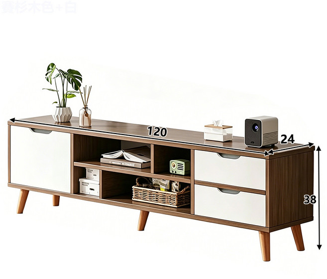 電視櫃 木紋色+白 120cm長, 黑橡木色+白