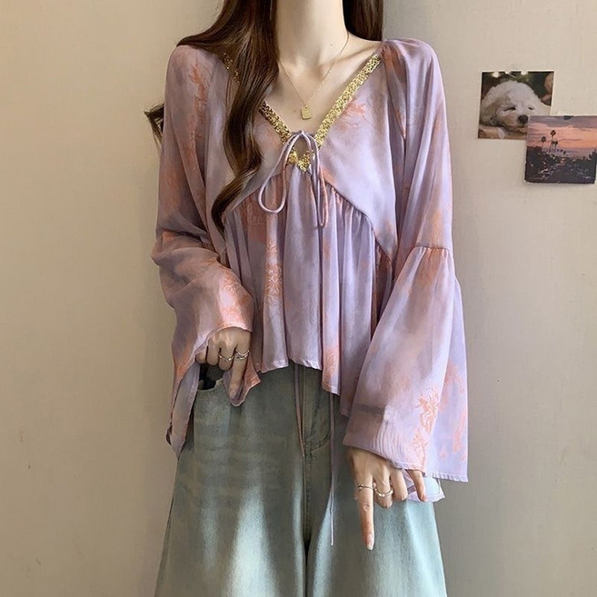 QEWBG 여성 긴팔 반짝이 쉬폰 블라우스