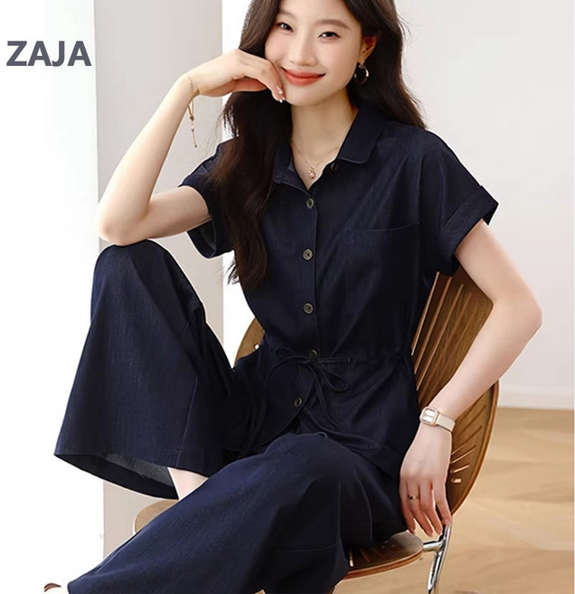 ZAJA 여성 캐주얼 반팔 셔츠 와이드 바지 투피스 세트 여름 편안한 데일리룩