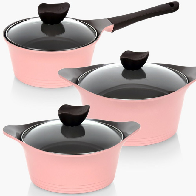 네오플램 에코론 코팅 애니 IH 인덕션 냄비 3종 세트, 핑크, 1세트, 18편수+20양수+24양수