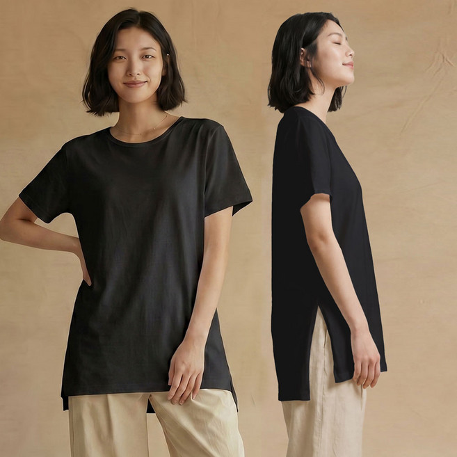 여성의류 빅사이즈 루즈핏 롱 레이어드 옆트임 이너 오버핏 유넥 티셔츠