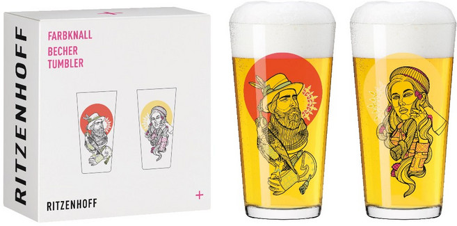 RITZENHOFF FARBKNALL 時尚圖騰啤酒/萬用對杯-共3款 玻璃杯, 1個, 伐木工與馴鷹者(一組組2入)