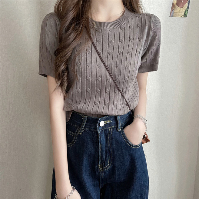 TIMEPURE 여름 여성 빈티지 니트 반팔 티셔츠 라운드넥 슬림핏 크롭 상의
