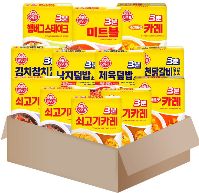 메리박스 오뚜기 3분요리 10종{쇠고기카레2+약간매운맛+매운맛+쇠고기짜장2+덮밥(김치참치+낙지+제육+닭갈비)+햄버그 스테이크+미트볼}, 150g, 1세트