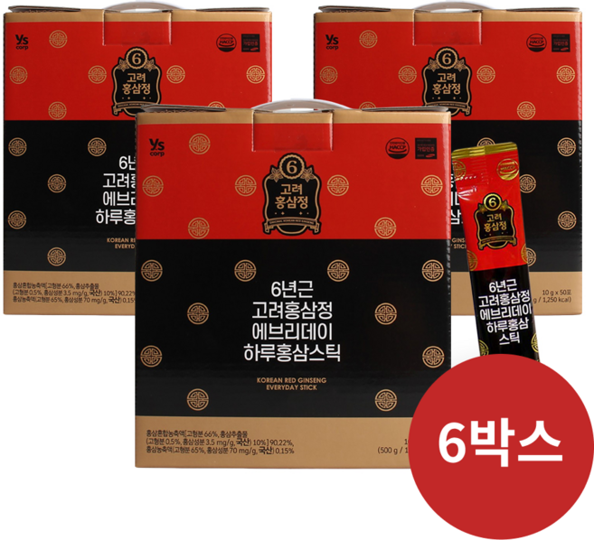 6년근 고려홍삼정 에브리데이 하루 홍삼 스틱 건강식품, 500g, 6개