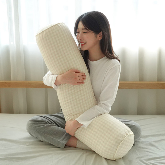 집앤콕 원형 바디필로우 대형 롱쿠션 여름 냉감 안고자는 긴베개, 체크, 핑크