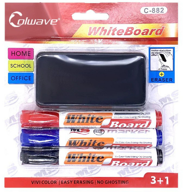 문화 화이트 보드 마카 3pcs 지우개 세트 흑색 청색 적색 칠판 보드펜 마카펜, 1팩, 검정, 파랑, 빨강 + 지우개