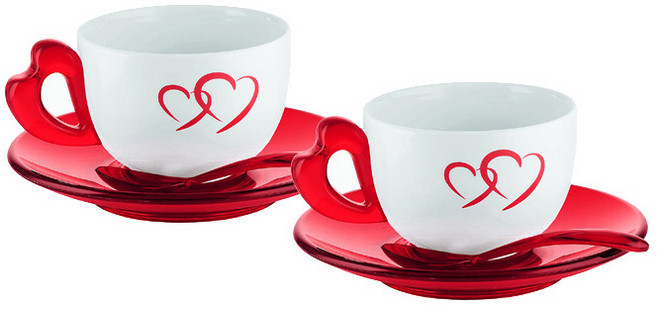 guzzini 러브 카푸치노잔 2인조 세트 푸치노잔 2인조 세트 티스푼포함/찻찬 커피잔 신혼선물세트, 1개