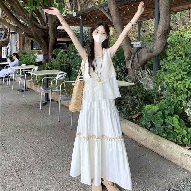 波西米亞風假兩件式上衣與高腰半身裙套裝, 1個, 杏色無袖上衣加杏色半身裙一套 半身裙黃杏色XL 建議115-130斤身高155-168