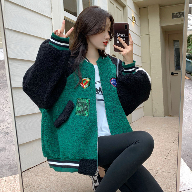 撞色羊羔毛棒球服外套 秋冬百搭寬鬆加厚拼接大碼女款衛衣