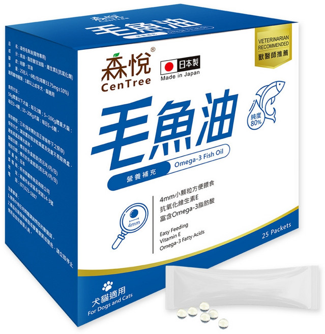 CenTree 森悅 毛魚油 犬貓適用 膠囊 Omega-3 皮膚毛髮 日本製, 1個, 單盒