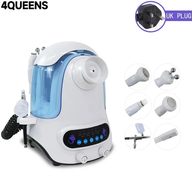 4QUEENS 6 in 1 초음파 산소 수소 하이드로 더마브레이전 머신 홈 뷰티 살롱용 산소 주입 장치 모공 청소기, 01 빠른, 03 UK plug