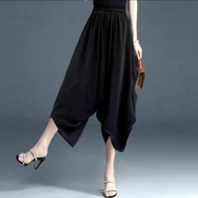 時尚格子休閒七分褲，寬鬆顯瘦高腰雪紡闊腿褲，夏季薄款垮褲