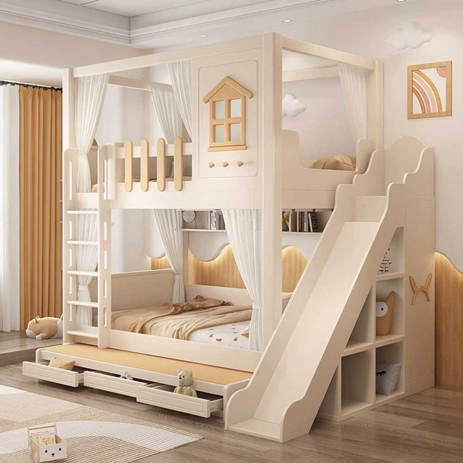 미끄럼틀 2층침대 위아래 다기능 복층 올인원 벙커 계단 공주 동화 왕자 침실 원목, 2. 침대세트+매트 1350x1900