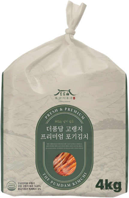조미료 무첨가 더품담 고랭지 포기김치 HACCP인증 국산 가정용, 1개, 4kg