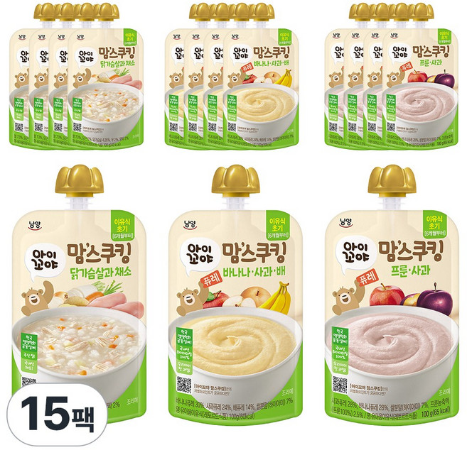 맘스쿠킹 6개월 3종 5팩 (총15팩) 프룬사과5+바바나사과배5+닭가슴살과채소5
