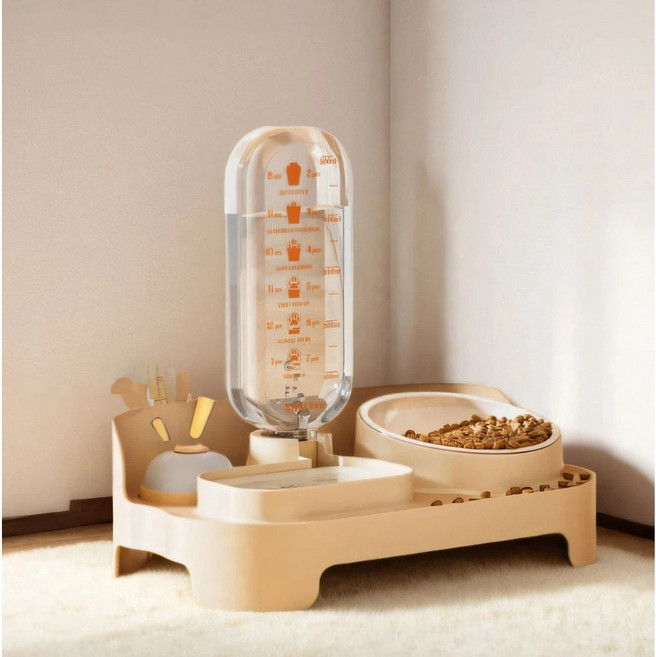 FURENDO 반려동물 자동 급수 급식기 세트 이중 볼 급식기 목 보호 설계, 1개, 베이지 세라믹 볼, 520ml