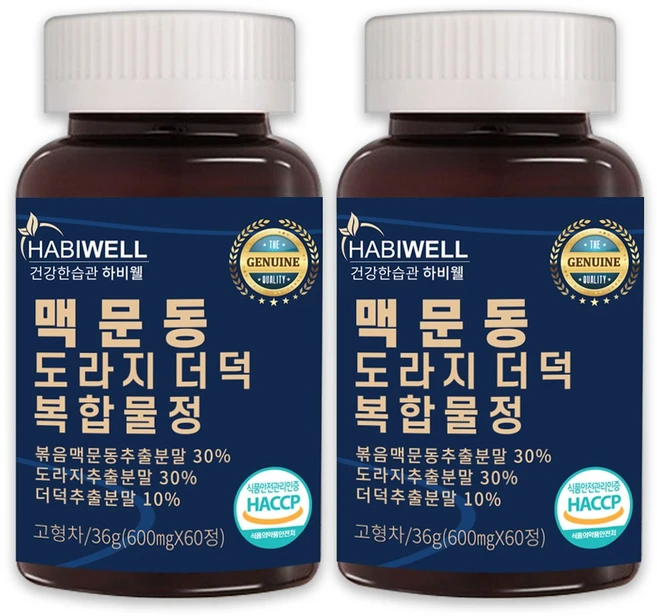 하비웰 국산 볶은 맥문동 도라지 더덕 복합물정 HACCP 식약처 인증 60정, 2개, 36g - 쿠팡