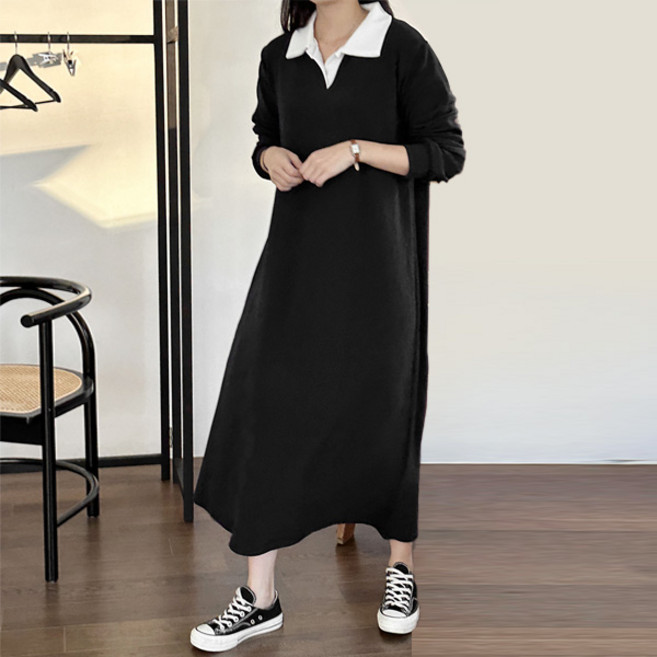 마이쏭 여성 빅사이즈 봄신상 루즈핏 픽시카라배색롱원피스