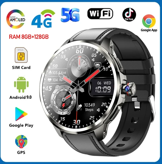 5G/4G 전체 Netcom 8GB+128GB RAM 스마트 시계 1.95 인치 720720 AMOLED 2100mah 배터리 900W 카메라 GPS W, 02 3G 32G, 08 Leather black