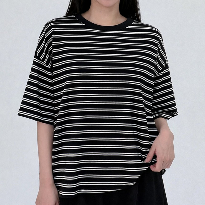 디노 스트라이프 배색 오버핏 빅사이즈 박스 캐쥬얼 반팔 티셔츠
