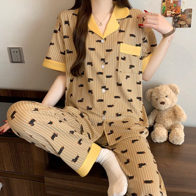 심플 여성 면혼방 파자마 여름 반팔 긴바지 인스타 감성 하트 홈웨어