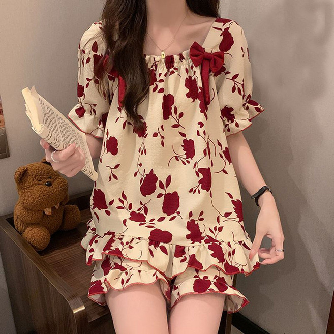 ROYALBELLE 여성 스퀘어넥 반팔 티셔츠+반바지 세트 리본 포인트 홈웨어 파자마 투피스 J050126
