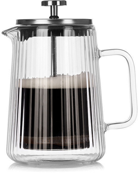 雙層豎紋耐熱玻璃法壓壺 手沖咖啡茶飲兩用, 1個, 650ML【持久保溫·加厚耐熱】三層精, 650ML, 持久保溫·加厚耐熱