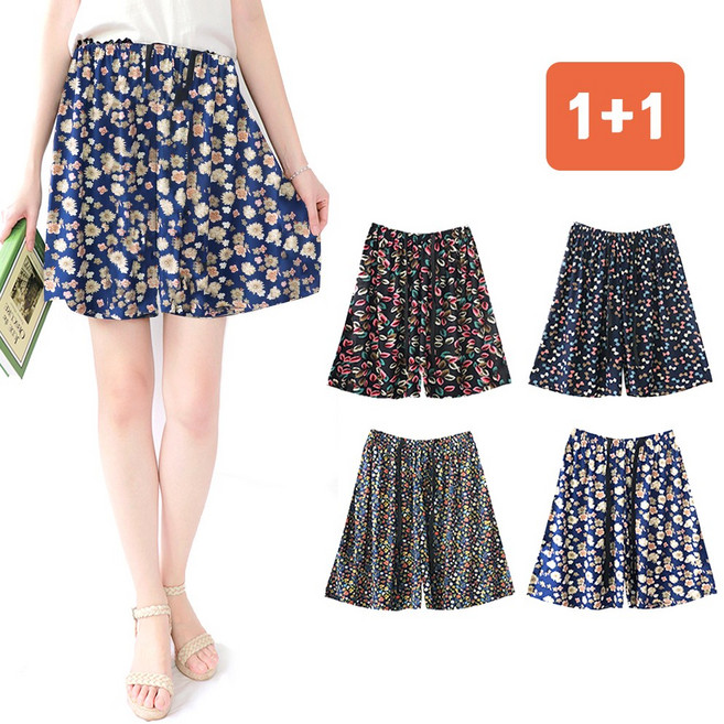 1+1 지오벤투 꽃무늬 스판 3부 치마 반바지 와이드핏 트렁크 밴딩팬츠 빅사이즈 여름잠옷