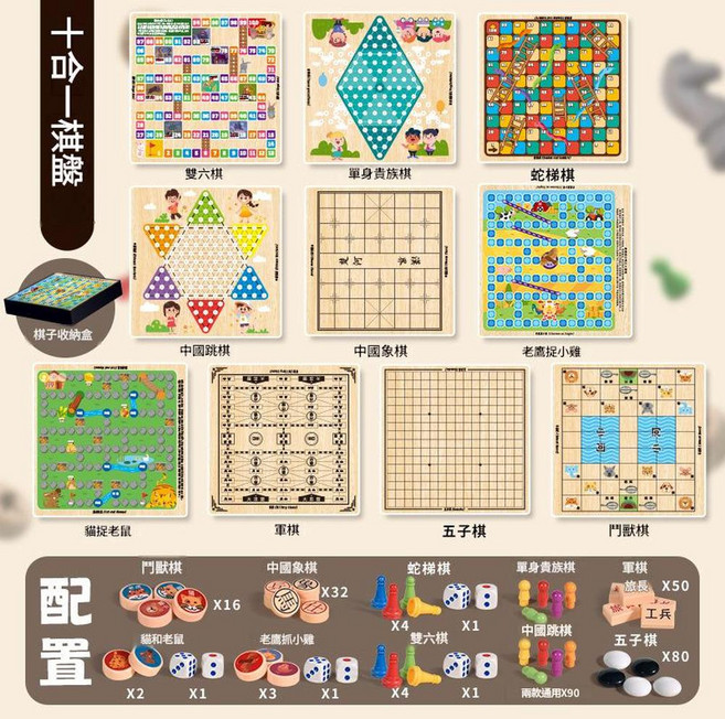 多功能棋盤 飛行棋 西洋棋 五子棋 貓和老鼠 益智桌面遊戲, 十合一多功能棋 跳棋 中國象棋 五子棋 軍棋 雙六棋 貓和老鼠 蛇棋 鬥獸棋 老鷹抓小雞 單身貴族, 1個