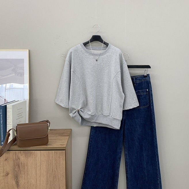 행복여 라운드 절개 7부 루즈핏 반팔 맨투맨 티셔츠