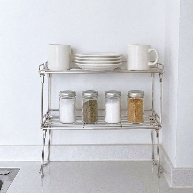 스텐 폴딩 수납 선반 적층 주방정리대 양념통선반, 1개, 실버
