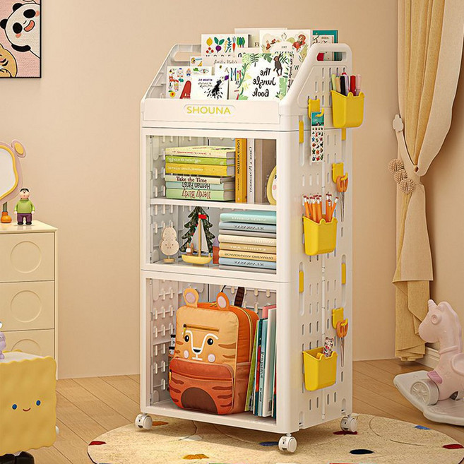 HK sell 토이북 북카트 이동식 책꽂이 바퀴달린 책장 트롤리 북트레일러, 3단, 화이트