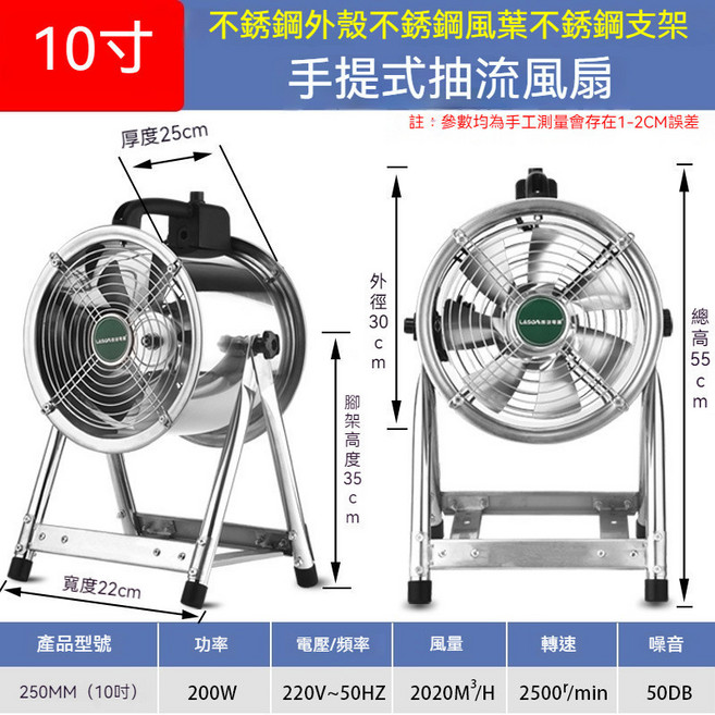 LASOA 朗科電器 不銹鋼手提式抽流風扇 16吋, 10寸/7葉-全鋼軸流風機+無極檔位