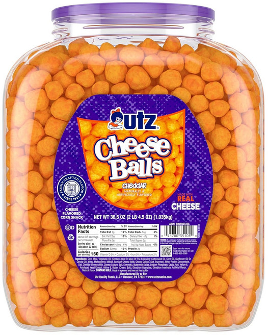 Utz 치즈 볼 통 진짜 체다 치즈로 구운 맛있는 스낵 즐겁게 먹을 수 있는 파티 스낵 36.5 온스 126599, 1.035kg, 1개