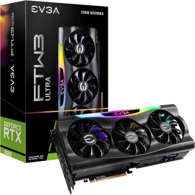 EVGA 지포스 RTX 3080 FTW3 울트라 게이밍 12G-P5-4877-KL 12기가바이트 GDDR6X 아이씨엑스3 기술 ARGB LED 금속 백플레이트 LHR, 1개