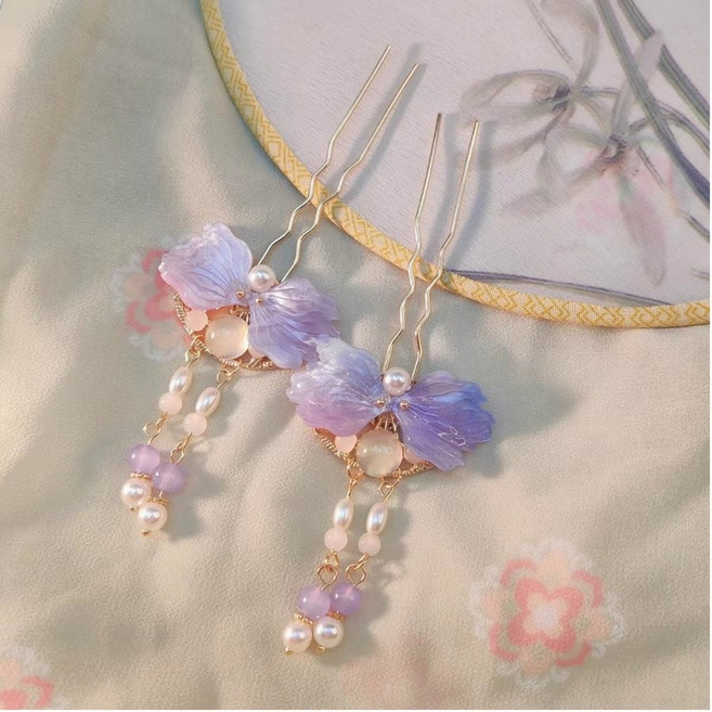 떨잠 나비 한복 머리 장식 2개입 퍼플 레드 뒤꽂이 장신구 악세사리 머리핀 헤어핀 소품