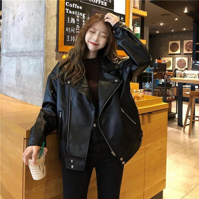 해피유통 여성 오버핏 라이더 칼라 PU 가죽 재킷 코트jhb