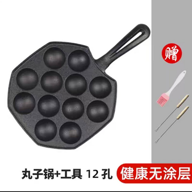 타코야끼팬 가정용 불판 메추리알 구멍몰드 프라이팬 노점 계란후라이팬 기계 논스틱, 12구 우드핸들팬+와이어포크+브러쉬, 1개